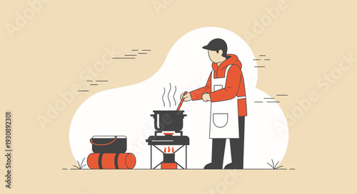 Outdoor Camping Cooking Scene With Person Stirring Pot
