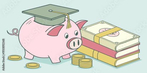 Education savings illustration featuring piggy bank and textbooks symbolizing tuition planning, learning investment, academic finance management, and future career preparation.