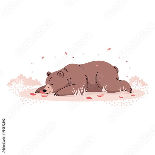 Peaceful Grizzly Bear Slumbers Gently Amidst Autumn Petals Serene Woodland Nap