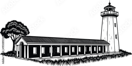 Lighthouse building with long colonnade architecture and tree vector illustration isolated on white background for coastal nautical and travel design