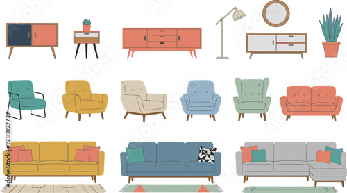 Modern Scandinavian Furniture Collection Vector Illustration Featuring Sofas, Armchairs, Cabinets, Floor Lamp and Indoor Plants in Minimalist Living Room Style