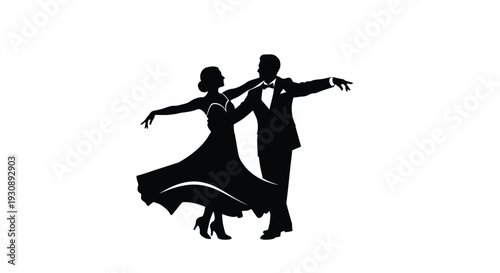 Silhouette of elegant couple ballroom dancing together in formal attire on white background