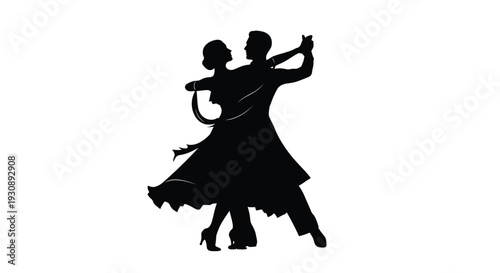 Silhouette of a romantic couple waltzing together in a graceful dance movement on a white background