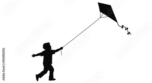 Silhouette of a child running and flying a kite outdoors in a carefree moment of childhood joy and freedom