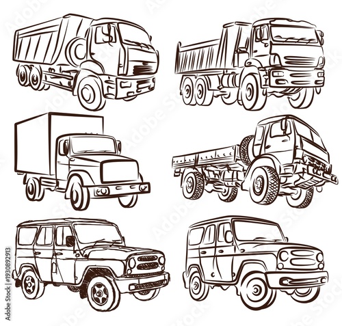 Sketches of trucks and SUVs.