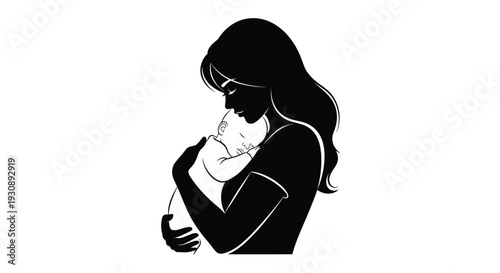 Mother nursing baby black silhouette loving care parenthood tender moment family bond nurturing infant woman breastfeeding affectionate intimate scene white background
