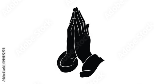 Praying hands in black silhouette with white outline on plain background symbolizing faith and spirituality