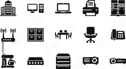 Office equipment and business technology icons set featuring computer printer router telephone server projector furniture silhouette vector illustration