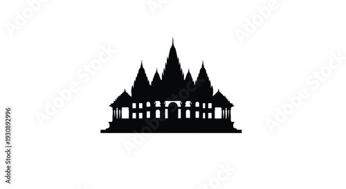 Black silhouette of a temple with multiple spires on a white background symbolizing serenity and spirituality in a simple iconic design
