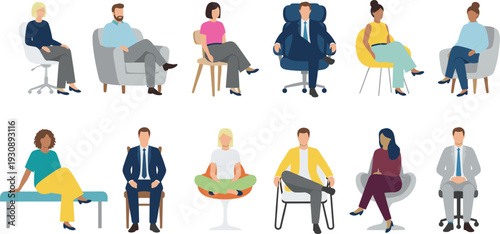 People Sitting on Different Chairs Vector Illustration Collection Featuring Business Professionals and Casual Characters in Modern Flat Design Style