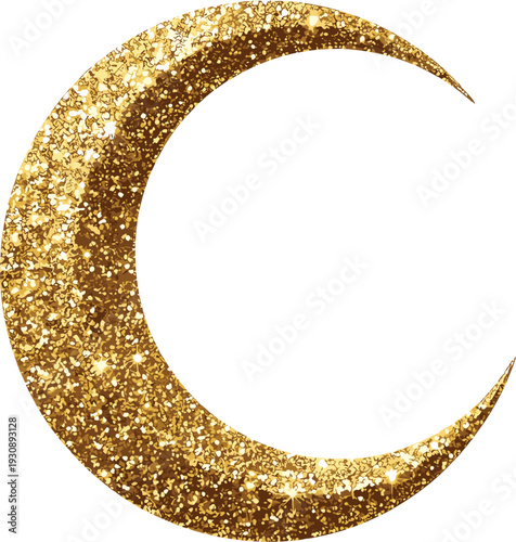 Luxury Gold Glitter Crescent Moon Silhouette with Sparkling Metallic Texture for Celestial Night Sky Branding and Festive Holiday Graphic Design