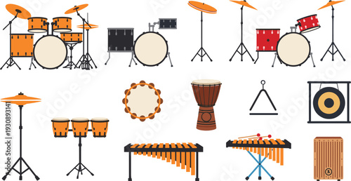 Percussion Musical Instruments Vector Illustration Set Featuring Drum Kit, Cymbals, Tambourine, Djembe, Gong, Xylophone and Cajon in Flat Design Style