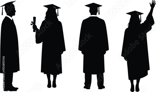 Academic graduation students silhouettes set with square academic caps and gowns holding diploma, black vector icons for university commencement education and success celebration