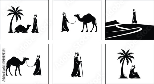 Arab men with camel in desert landscape silhouettes set with palm trees and sand dunes, black vector icons for Middle East travel and culture