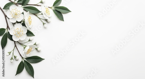 White flowers and leaves on a white background