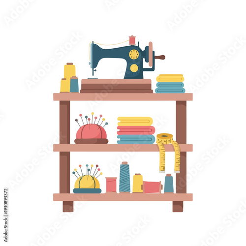 A colorful digital illustration of a sewing machine on a wooden shelf with sewing supplies, including threads, fabrics, and measuring tape. Perfect for crafting, sewing tutorials, and DIY