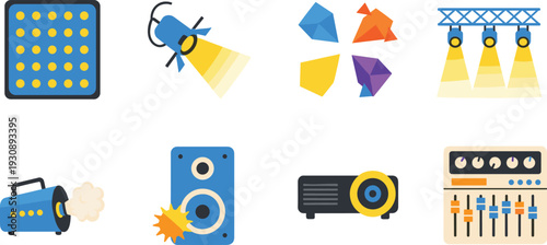 Stage Lighting and Audio Equipment Icons Set Featuring Spotlights, Projector, Speakers, Mixer Console and Studio Technology Illustration Collection