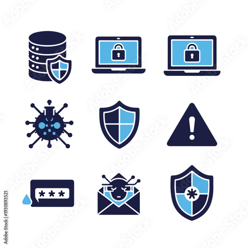 A collection of cybersecurity icons including a database, laptops, shield, virus, warning sign, and login symbols in blue and white. Perfect for cybersecurity, technology, and software