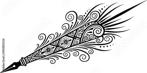 Elegant vintage fountain pen illustration with decorative floral swirls and ink nib, black vector icon for literature poetry calligraphy writing and artistic branding design