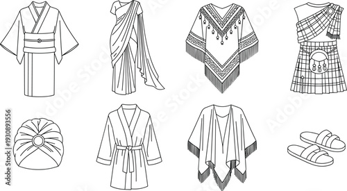 Traditional cultural clothing outline set including kimono, sari, poncho, kilt, robe, turban and sandals, ethnic fashion illustration collection