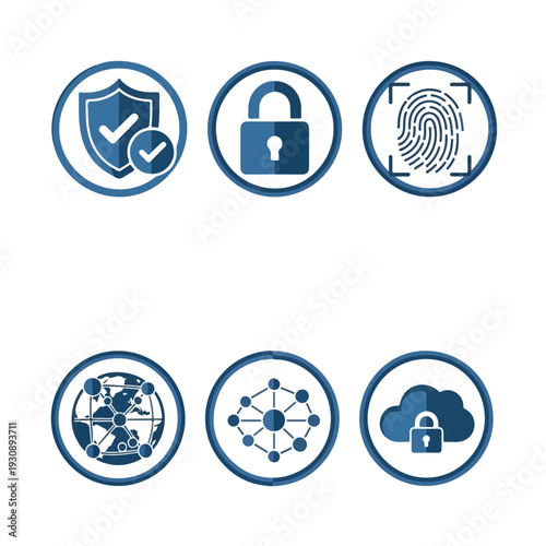 A set of six blue icons representing security and technology concepts, including a shield, lock, fingerprint, globe, network, and cloud with a lock. Great for cybersecurity, technology, and