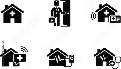 Home healthcare icons set with doctor visiting patient at door medical house heartbeat monitor and stethoscope black vector symbols for telemedicine and nursing services