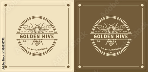 Vintage style golden honey bee hive emblem on dual tone background posters