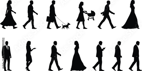 Large collection of black people silhouettes with walking men and women pushing stroller walking dog and wearing formal dress for community lifestyle design