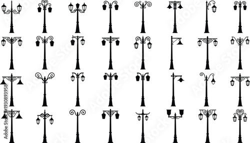 Large collection of black street lamp silhouettes in various classic and modern styles, vector icons for urban lighting outdoor park garden and city landscape design