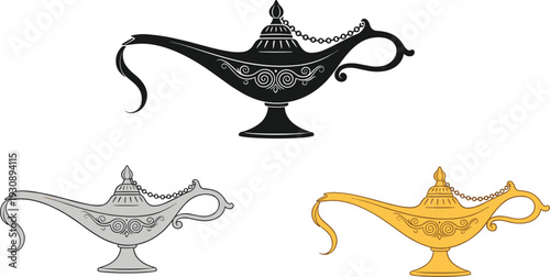 Set of Decorative Magic Oil Lamps with Ornate Filigree Patterns in Black Silver and Gold for Fantasy Storytelling Arabian Nights Mythology and Mystical Graphic Design