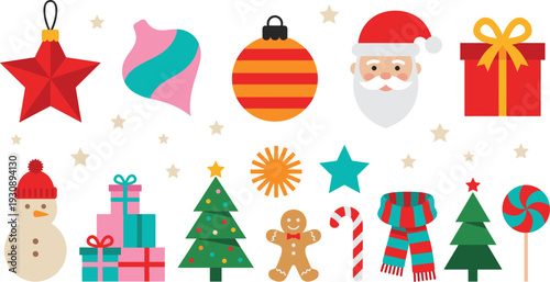 Set of Festive Christmas Icons with Santa Claus Snowman Gingerbread Man Decorated Trees Ornaments and Gifts for Holiday Greeting Cards and Seasonal Graphic Design
