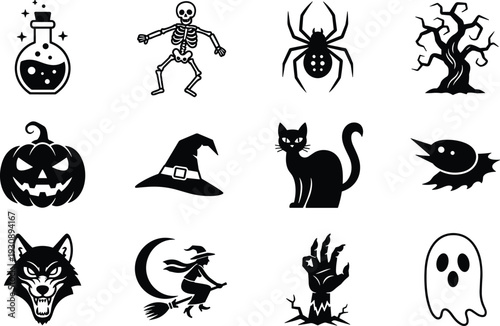 Mega set of black Halloween spooky icons with skeleton ghost witch hat black cat pumpkin spider web magic potion bottle and haunted tree silhouettes