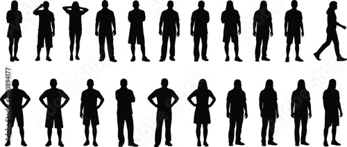 Large set of black people silhouettes with men and women in various standing walking and resting poses, vector icons for community lifestyle and social group design