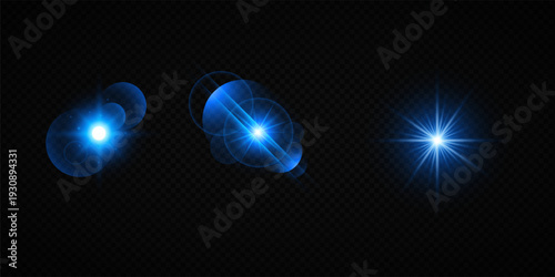 Colorful Star Light Effect Collection with Blue, Golden, and Yellow Glowing Starlight Sparkle Rays and Lens Flare Illumination on Transparent Background