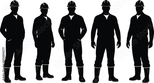 Professional construction workers and industrial builders silhouettes set in safety hard hats and boots, black vector icons for civil engineering labor and manual work