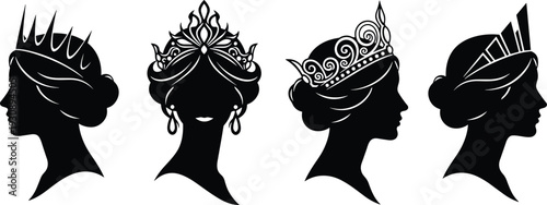 Royal queen and princess head profile silhouettes with elegant crowns and tiaras, black vector icons for luxury beauty fashion jewelry and feminine branding design