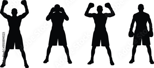Professional male boxer silhouettes set with various fighting poses and victory celebrations, black vector icons for boxing sports gym fitness and athletic training