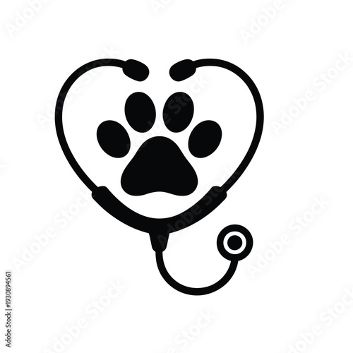 Black silhouette of a stethoscope forming a heart shape with a paw print in the center, symbolizing veterinary care and love for animals.