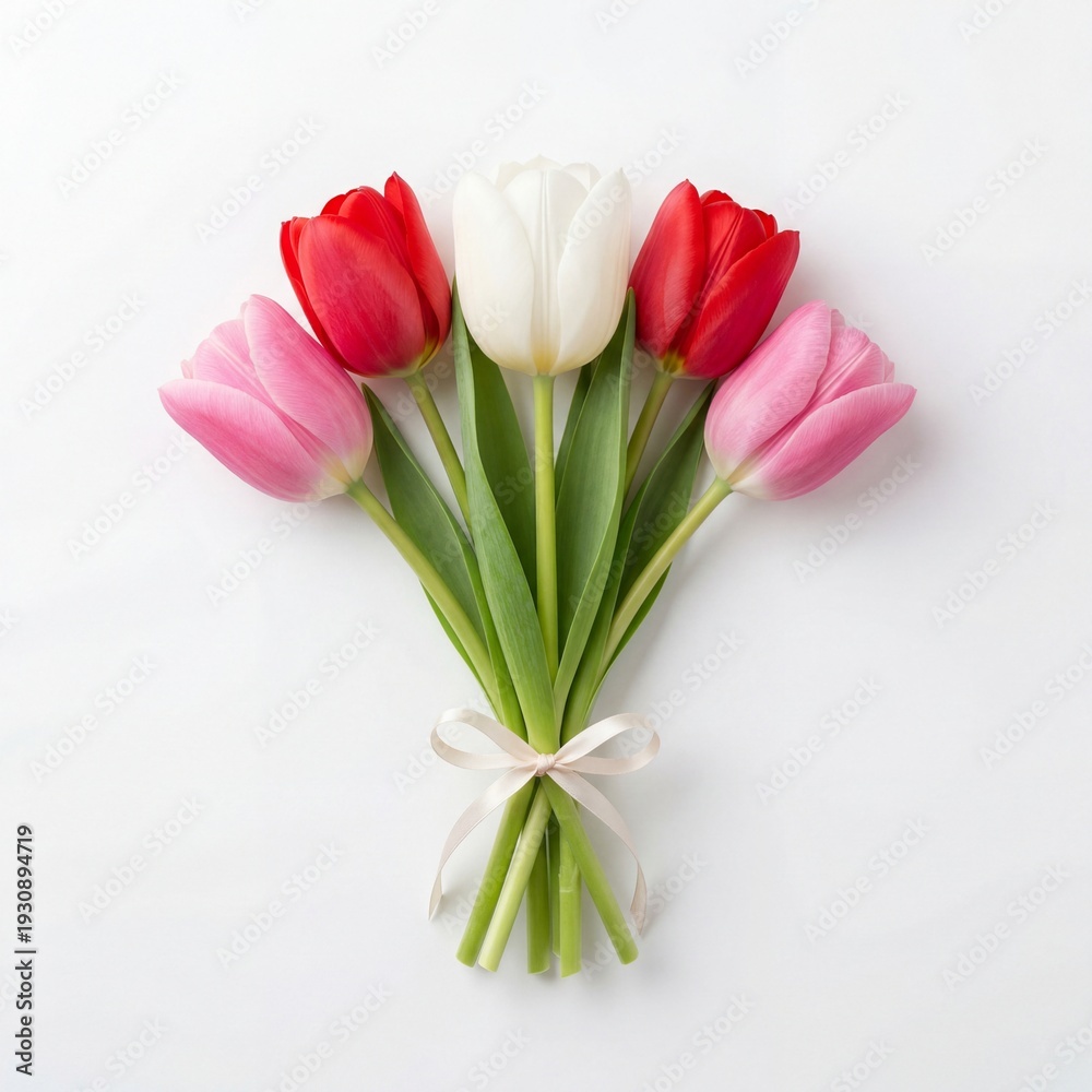 Fototapeta premium Colorful bouquet of wild tulips in red, pink, and white with ribbon on white background. Beautiful display of wild tulips for spring celebrations and gift giving.