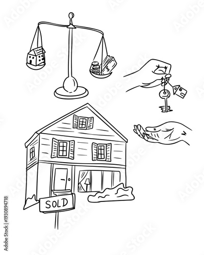 Hand drawn real estate vector set with house, scale and key isolated on white background. Concept of property sale, mortgage, investment and home ownership