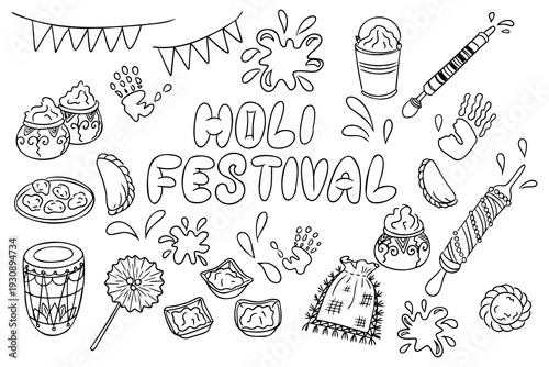Hand drawn holi festival vector set with traditional food, drum and splash isolated on white background. Concept of indian holiday, celebration, color powder and cultural tradition
