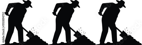 Set of black farmer silhouettes digging soil with shovel on white background, vector icons for agriculture gardening manual labor farming and construction work design