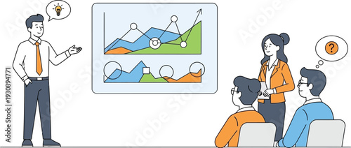 Presenter shares new business ideas and data visualizations to a small.