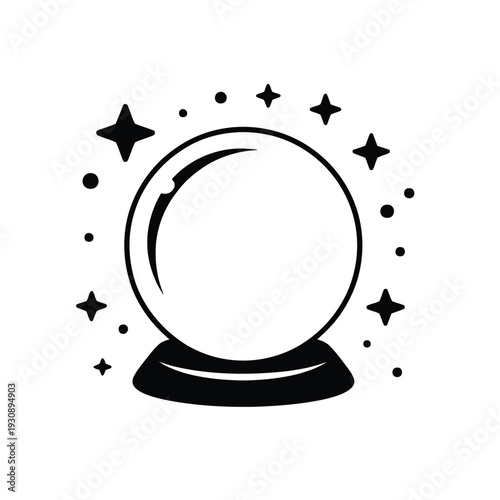A simple black and white line art illustration of a magical crystal ball with sparkling stars and dots around it, symbolizing fortune telling and future prediction.