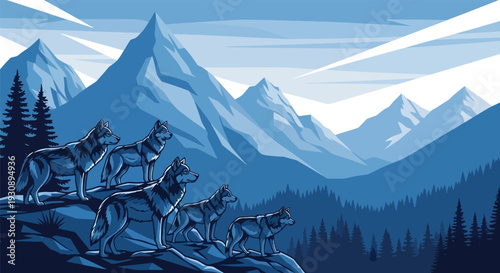 Illustration of wolves running in a mountainous landscape with trees and snow-capped peaks.