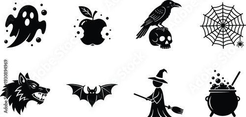 Set of black Halloween spooky icons with ghost bitten apple crow on skull spider web werewolf bat witch and bubbling magic cauldron vector symbols