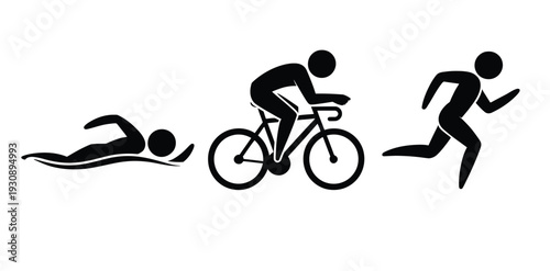 Black silhouette icons representing the three disciplines of a triathlon: swimming, cycling, and running, on a white background.