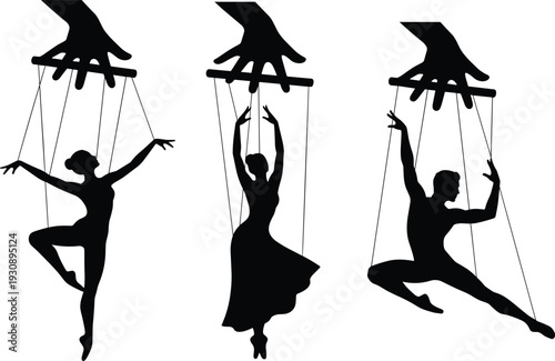 Set of black marionette puppet silhouettes controlled by human hands with strings, vector icons for theater performance manipulation control and symbolic human life concepts