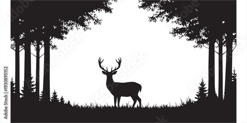A black silhouette of deer and trees with a bird isolated on white background, Vector
