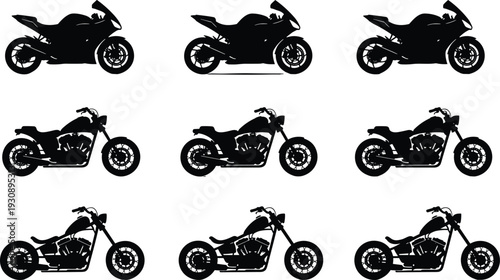 Set of black motorcycle silhouettes with sport bikes choppers and cruisers, vector icons for transportation automotive industry motorcycling hobby and extreme garage racing design